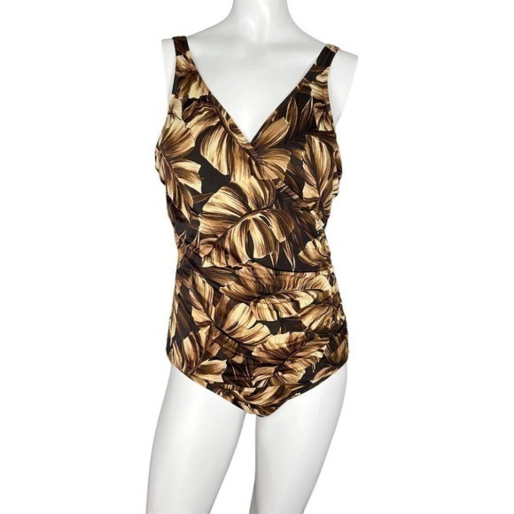 Miraclesuit black tropical leaf print one piece bathing suit women's size XL